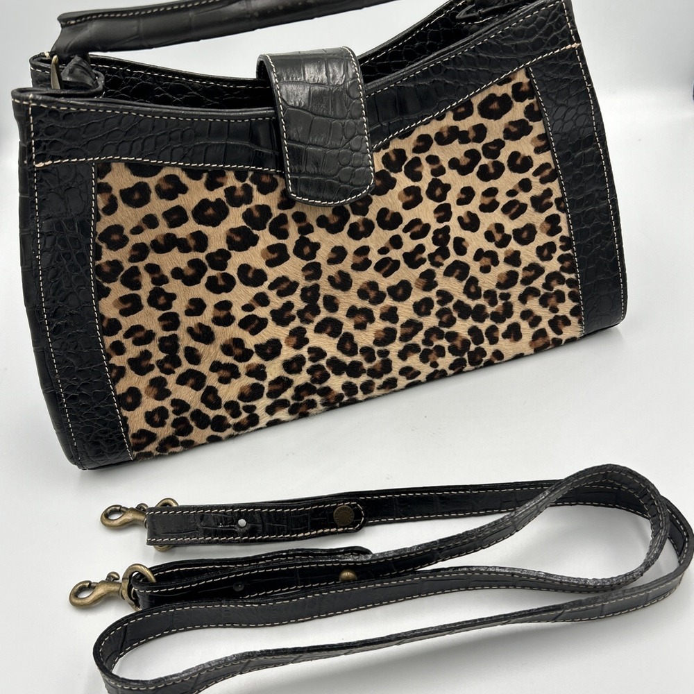 Vtg BRAHMIN Cheetah Print Calf Hair Black Italian Leather Croc Purse Bag 90's - Picture 12 of 14